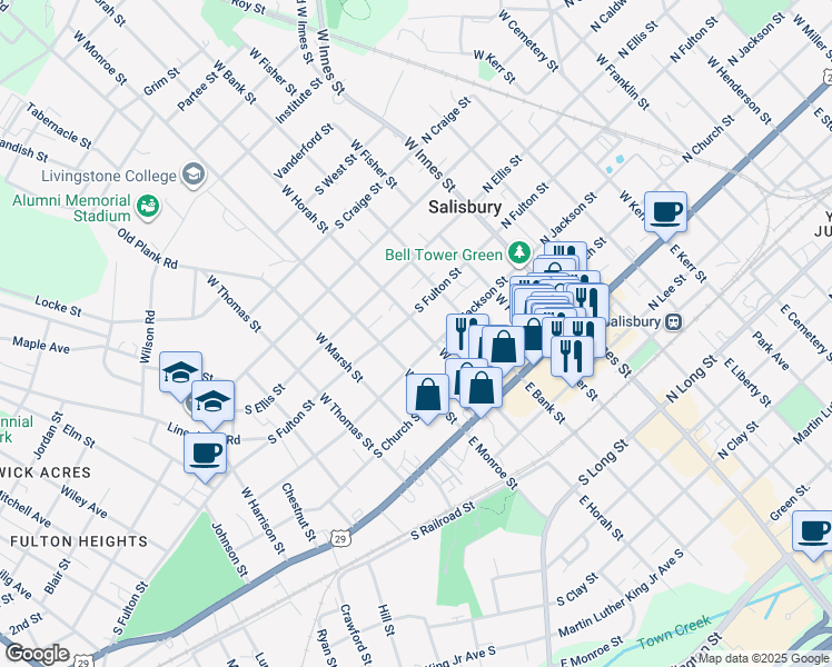map of restaurants, bars, coffee shops, grocery stores, and more near 319 West Horah Street in Salisbury