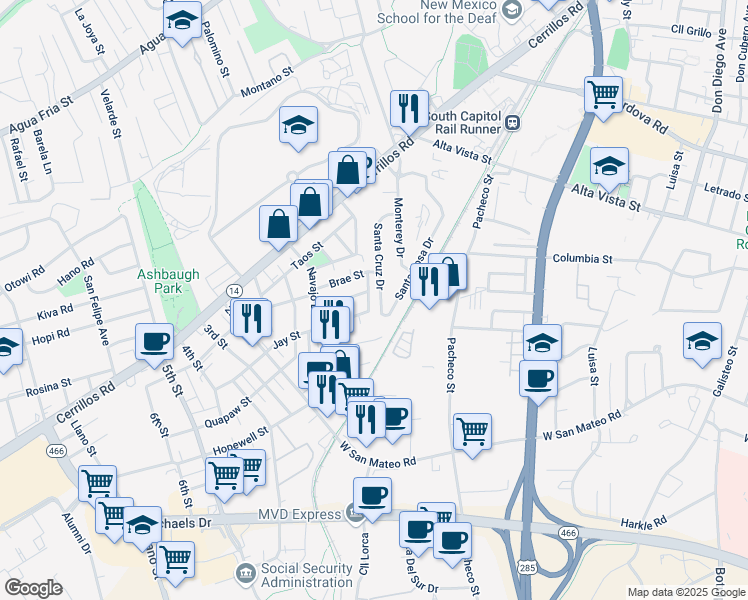map of restaurants, bars, coffee shops, grocery stores, and more near 1443 Santa Cruz Drive in Santa Fe