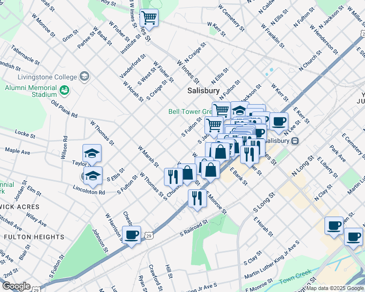 map of restaurants, bars, coffee shops, grocery stores, and more near 319 West Horah Street in Salisbury