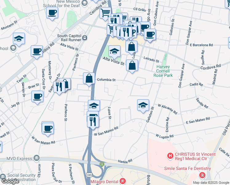 map of restaurants, bars, coffee shops, grocery stores, and more near 1510 Luisa Street in Santa Fe