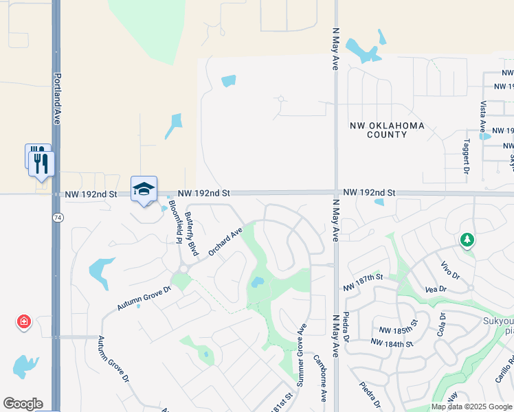 map of restaurants, bars, coffee shops, grocery stores, and more near 19205 Grassmere Way in Edmond