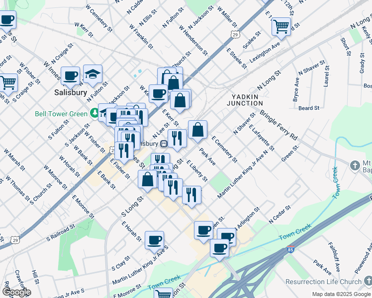 map of restaurants, bars, coffee shops, grocery stores, and more near 312 North Long Street in Salisbury