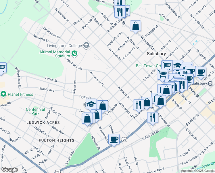 map of restaurants, bars, coffee shops, grocery stores, and more near 619 South Caldwell Street in Salisbury