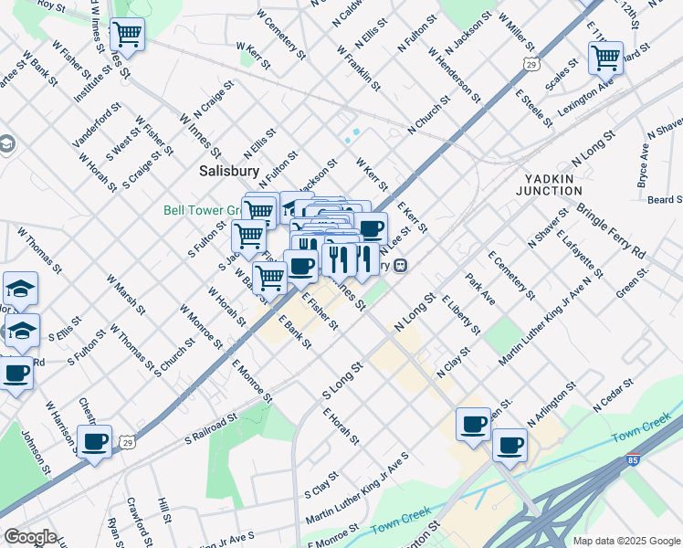 map of restaurants, bars, coffee shops, grocery stores, and more near 124 East Innes Street in Salisbury