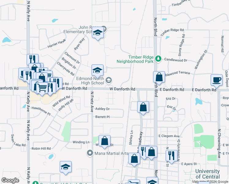 map of restaurants, bars, coffee shops, grocery stores, and more near 1220 Sequoyah Place in Edmond
