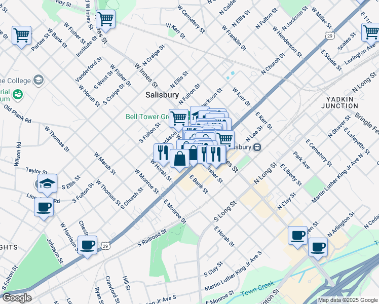 map of restaurants, bars, coffee shops, grocery stores, and more near 121 West Fisher Street in Salisbury