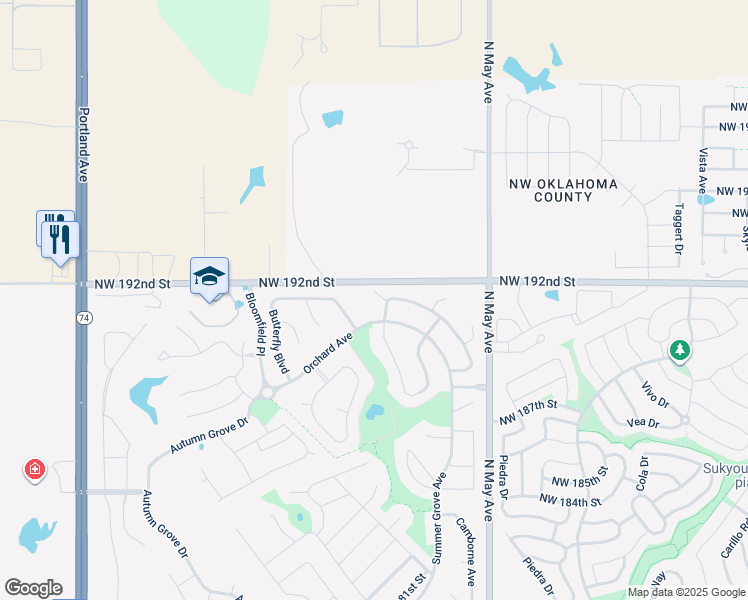 map of restaurants, bars, coffee shops, grocery stores, and more near 19205 Grassmere Way in Edmond