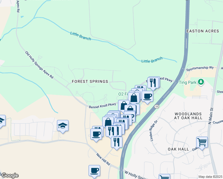map of restaurants, bars, coffee shops, grocery stores, and more near 125 Lady's Mantle Lane in Holly Springs