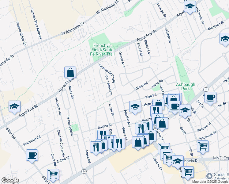 map of restaurants, bars, coffee shops, grocery stores, and more near 2206 Camino Anasazi in Santa Fe