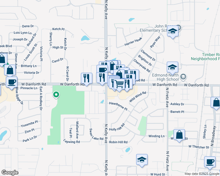 map of restaurants, bars, coffee shops, grocery stores, and more near 836 West Danforth Road in Edmond