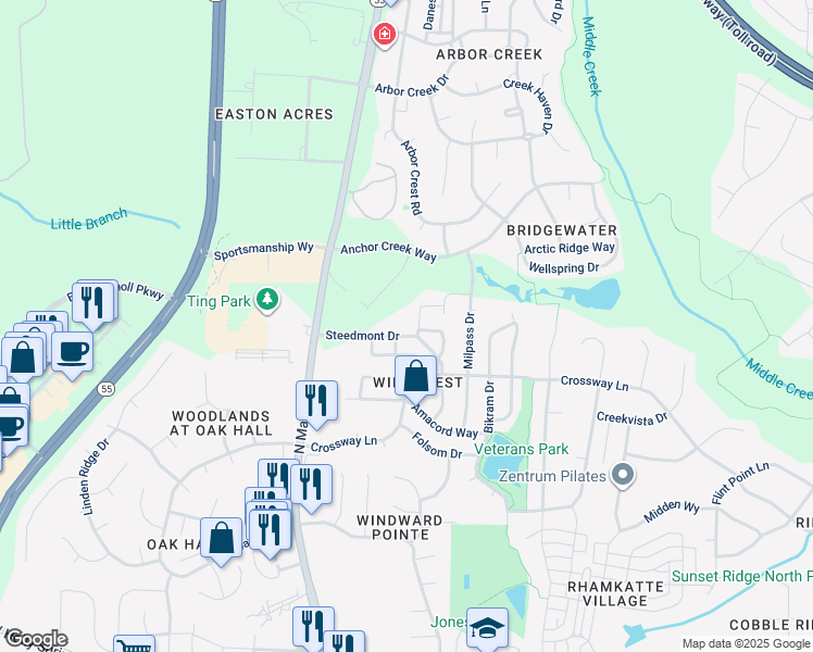 map of restaurants, bars, coffee shops, grocery stores, and more near 308 Steedmont Drive in Holly Springs