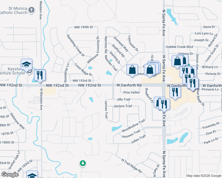 map of restaurants, bars, coffee shops, grocery stores, and more near 1204 Alexanders Trail in Edmond
