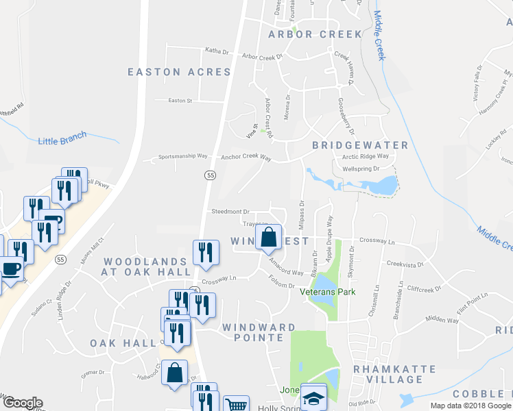 map of restaurants, bars, coffee shops, grocery stores, and more near 300 Steedmont Drive in Holly Springs