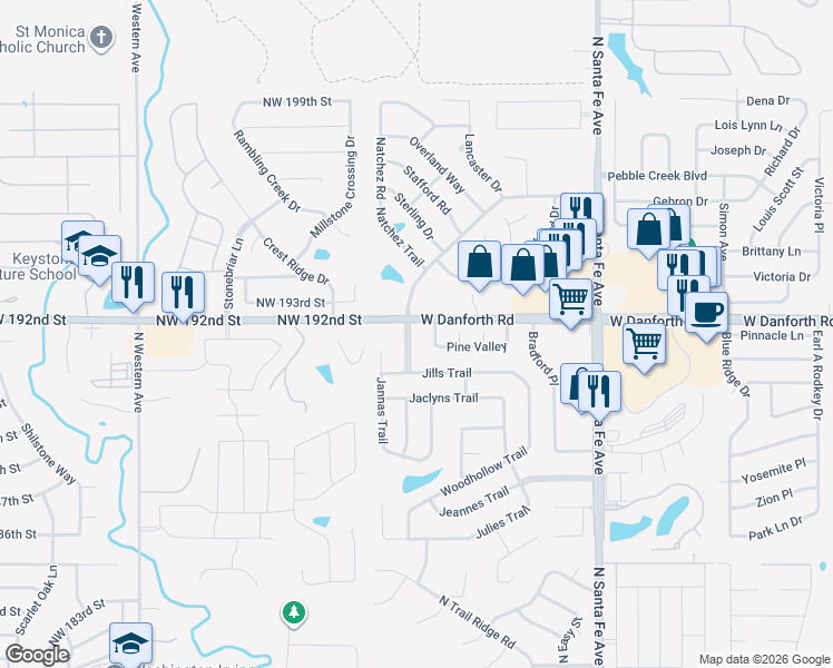 map of restaurants, bars, coffee shops, grocery stores, and more near 1204 Alexanders Trail in Edmond