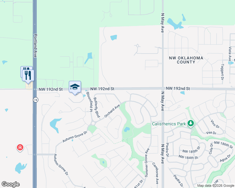 map of restaurants, bars, coffee shops, grocery stores, and more near 19220 Garden Creek Lane in Edmond