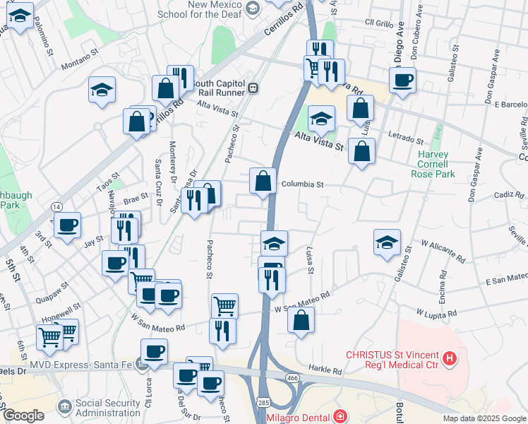 map of restaurants, bars, coffee shops, grocery stores, and more near 800 Calle Anaya South in Santa Fe