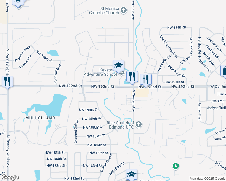map of restaurants, bars, coffee shops, grocery stores, and more near 19217 Canyon Creek Place in Edmond