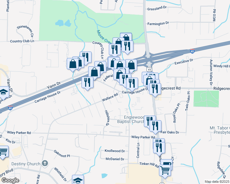 map of restaurants, bars, coffee shops, grocery stores, and more near 134 Carriage House Drive in Jackson