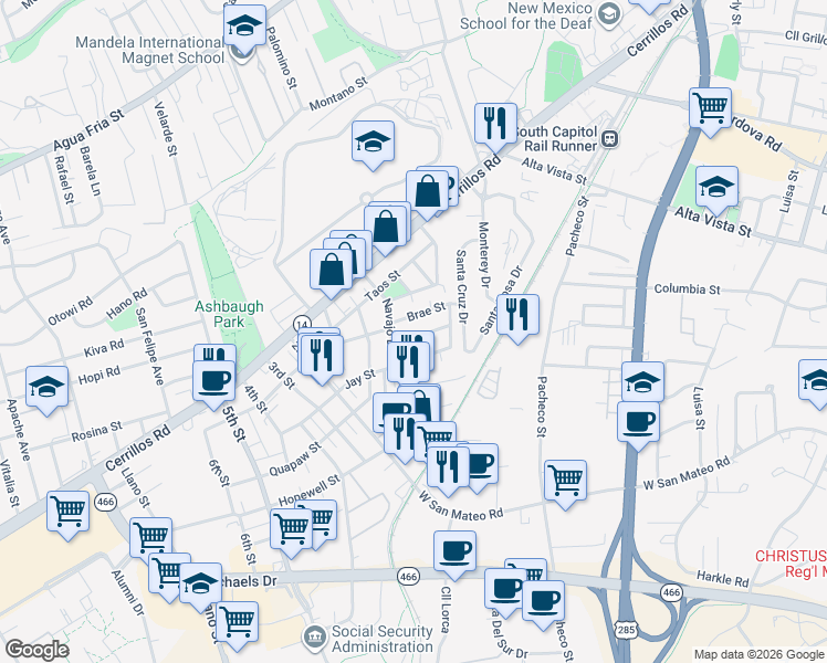 map of restaurants, bars, coffee shops, grocery stores, and more near 1610 Young Street in Santa Fe