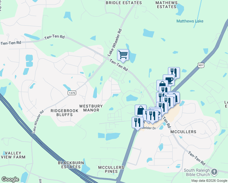 map of restaurants, bars, coffee shops, grocery stores, and more near 8020 Daddy Road in Raleigh