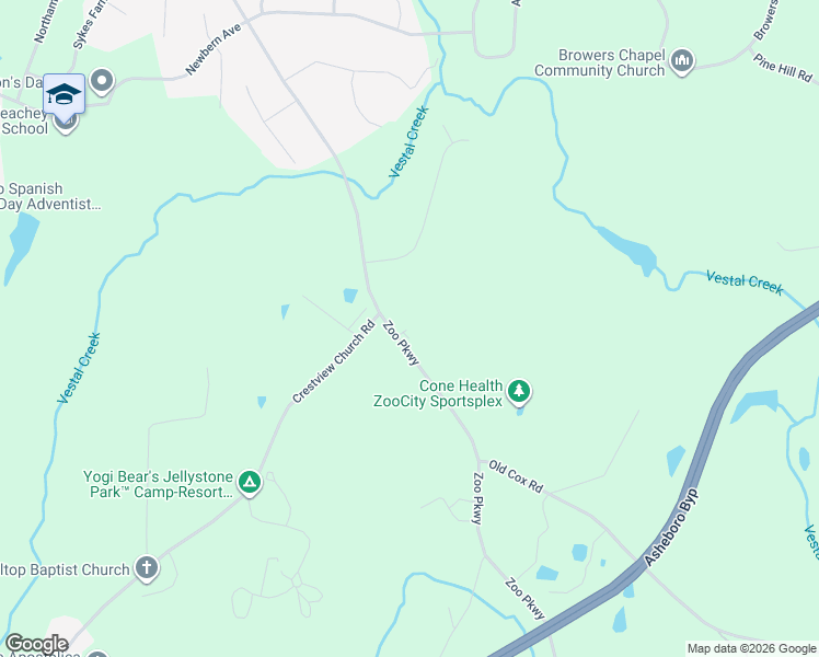 map of restaurants, bars, coffee shops, grocery stores, and more near 2835 Zoo Parkway in Asheboro