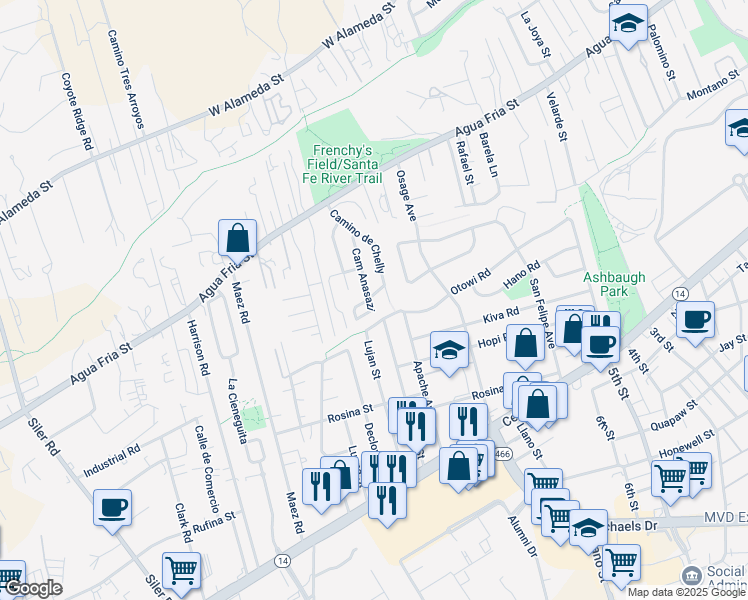 map of restaurants, bars, coffee shops, grocery stores, and more near 2206 Camino Anasazi in Santa Fe