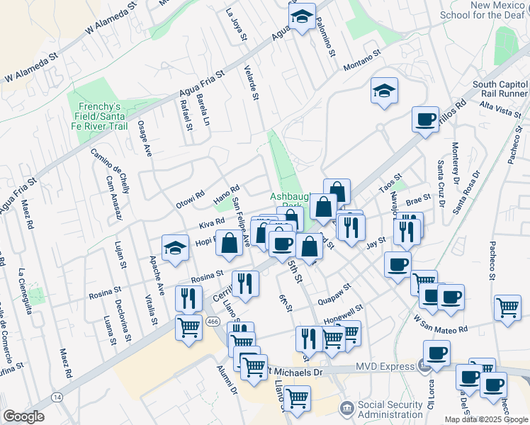 map of restaurants, bars, coffee shops, grocery stores, and more near 1814 Kiva Road in Santa Fe