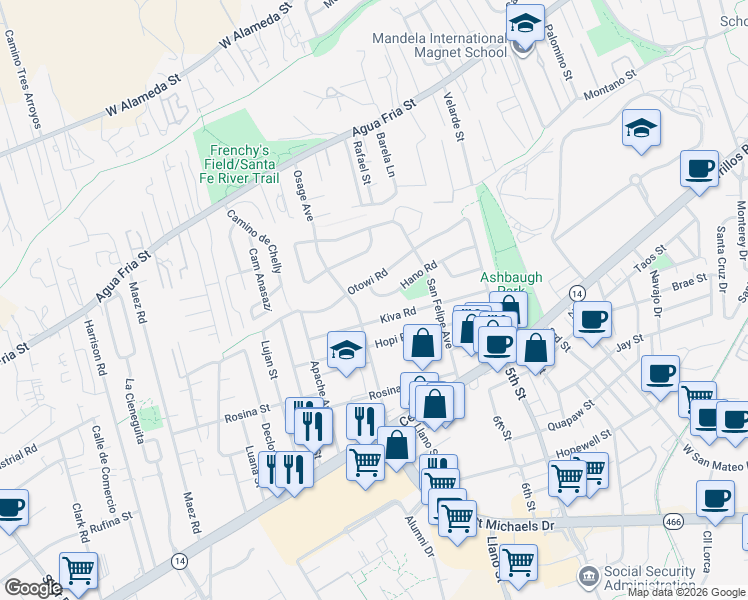 map of restaurants, bars, coffee shops, grocery stores, and more near 1958 Hano Road in Santa Fe