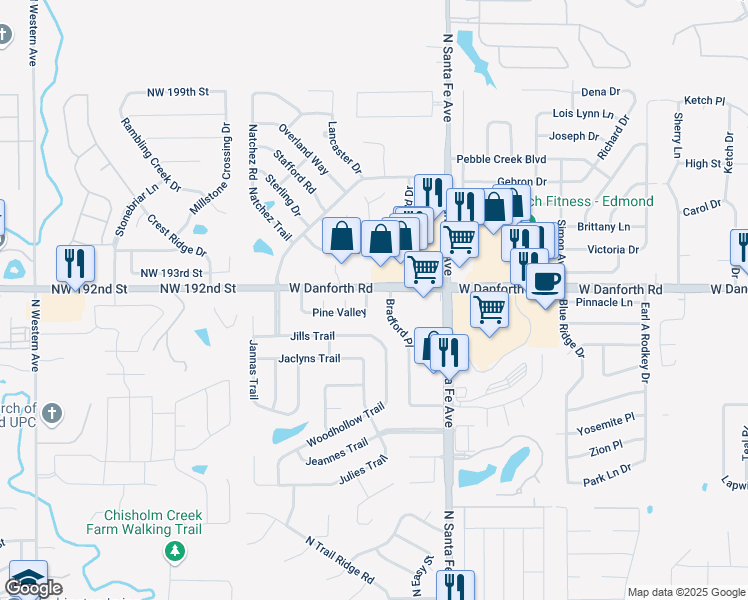 map of restaurants, bars, coffee shops, grocery stores, and more near 1212 Pine Valley in Edmond