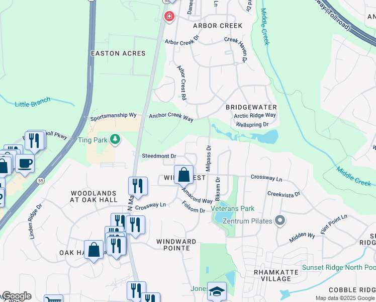 map of restaurants, bars, coffee shops, grocery stores, and more near 352 Trayesan Drive in Holly Springs