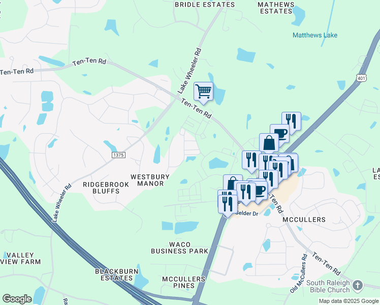 map of restaurants, bars, coffee shops, grocery stores, and more near 8020 Daddy Road in Raleigh
