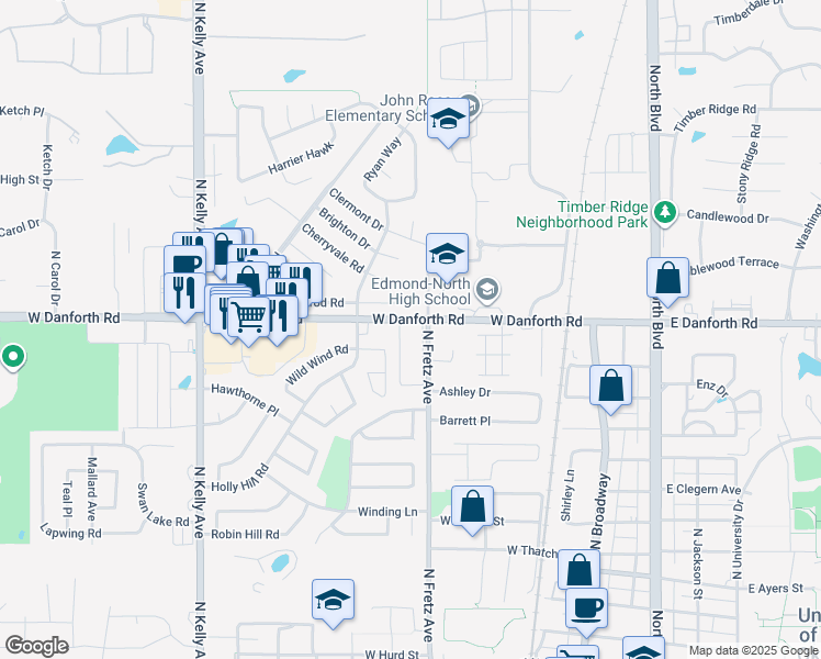 map of restaurants, bars, coffee shops, grocery stores, and more near 3340 Fretz Avenue in Edmond
