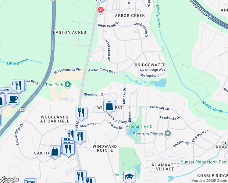 map of restaurants, bars, coffee shops, grocery stores, and more near 344 Trayesan Drive in Holly Springs