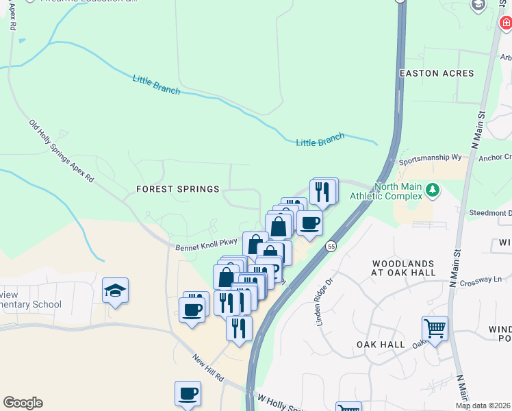 map of restaurants, bars, coffee shops, grocery stores, and more near 300 Vinewood Place in Holly Springs