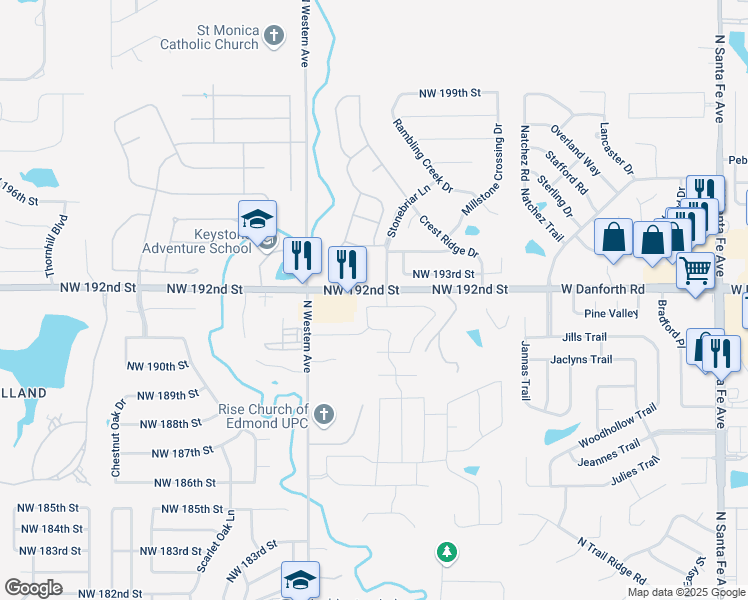 map of restaurants, bars, coffee shops, grocery stores, and more near 905 Northwest 192nd Terrace in Edmond