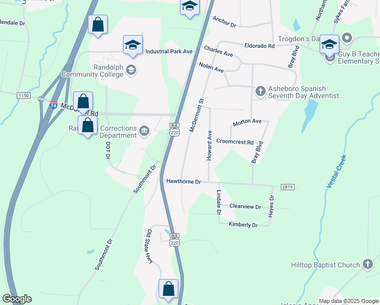map of restaurants, bars, coffee shops, grocery stores, and more near 729 McDermott Street in Asheboro