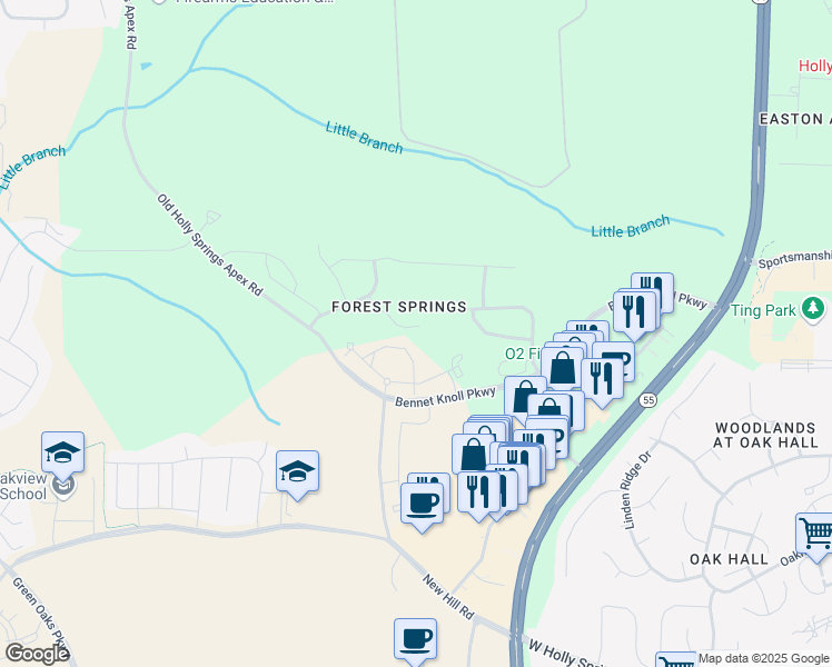 map of restaurants, bars, coffee shops, grocery stores, and more near 125 Woodlark Lane in Holly Springs