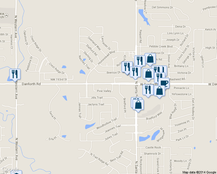 map of restaurants, bars, coffee shops, grocery stores, and more near 1204 Scotch Pine in Edmond