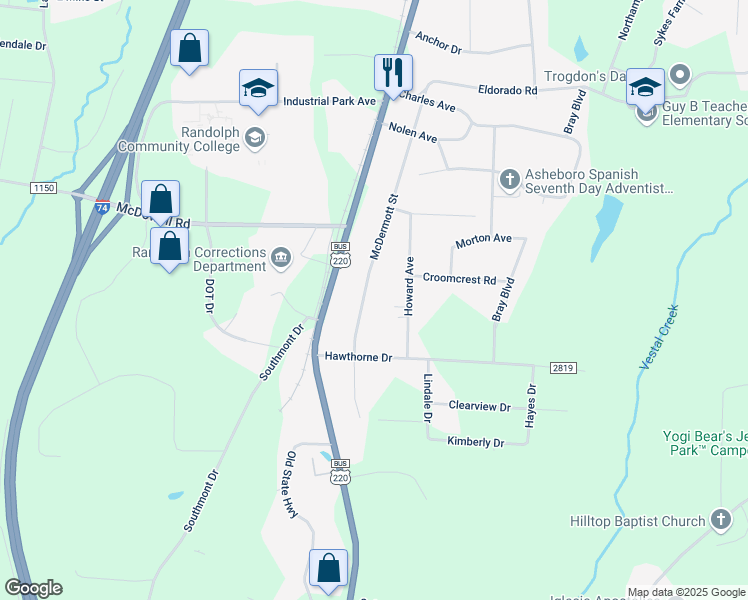 map of restaurants, bars, coffee shops, grocery stores, and more near 729 McDermott Street in Asheboro