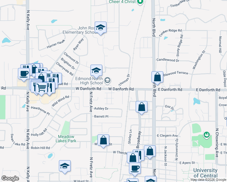 map of restaurants, bars, coffee shops, grocery stores, and more near 116 West Danforth Road in Edmond