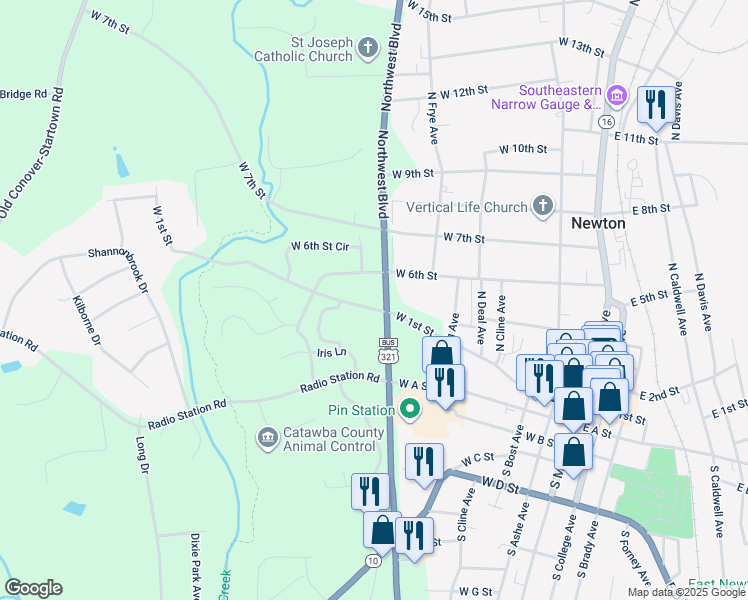 map of restaurants, bars, coffee shops, grocery stores, and more near 58 Northwest Boulevard in Newton