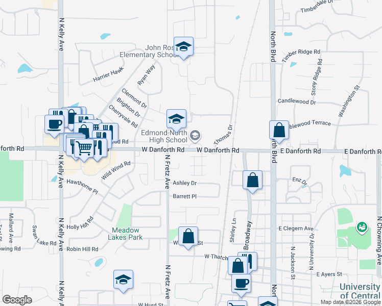 map of restaurants, bars, coffee shops, grocery stores, and more near 1225 Sequoyah Place in Edmond