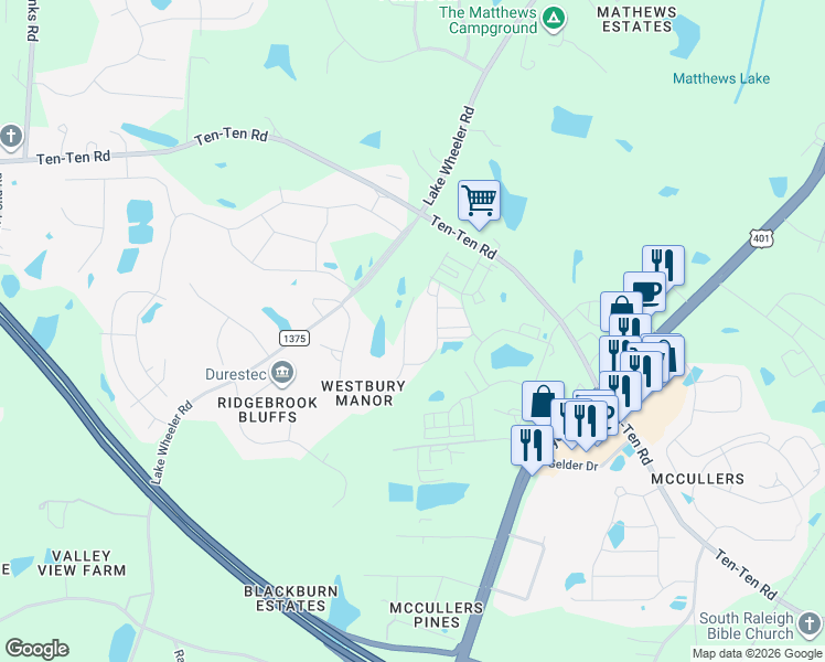 map of restaurants, bars, coffee shops, grocery stores, and more near 3828 Westbury Lake Drive in Raleigh