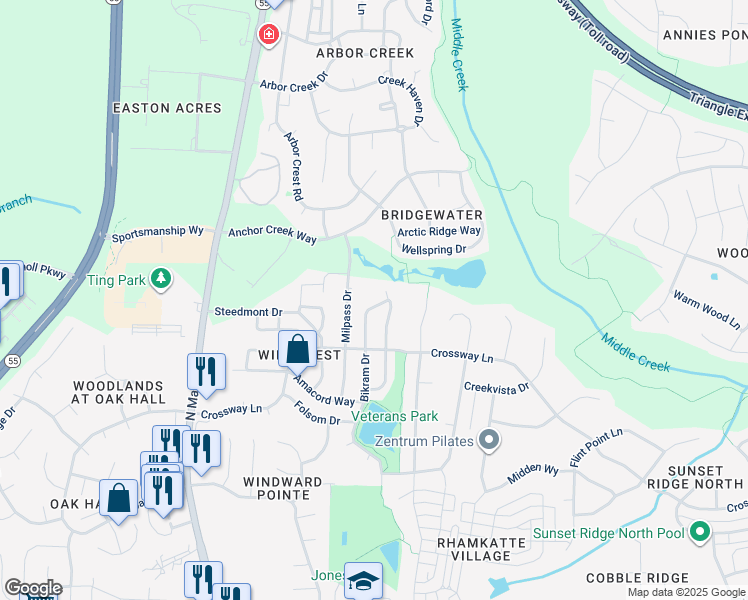 map of restaurants, bars, coffee shops, grocery stores, and more near 108 Bikram Drive in Holly Springs