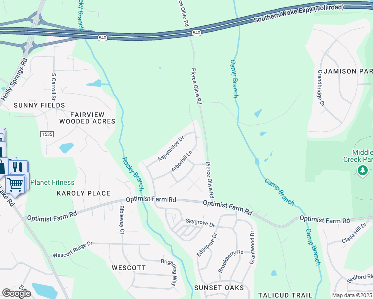 map of restaurants, bars, coffee shops, grocery stores, and more near 304 Arborhill Ln in Holly Springs