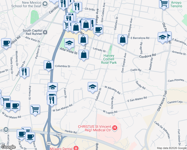 map of restaurants, bars, coffee shops, grocery stores, and more near 1417 Miracerros Lane South in Santa Fe