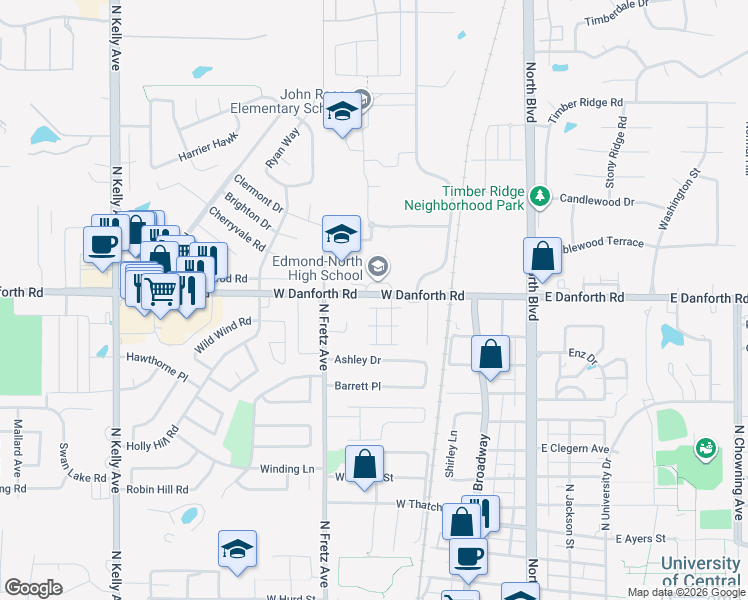 map of restaurants, bars, coffee shops, grocery stores, and more near 1225 Sequoyah Place in Edmond