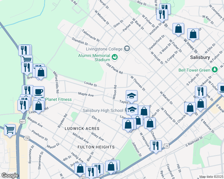 map of restaurants, bars, coffee shops, grocery stores, and more near 1009 Locke Street in Salisbury