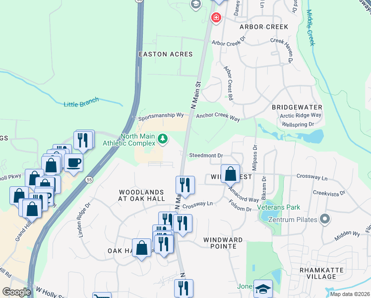map of restaurants, bars, coffee shops, grocery stores, and more near 1135 North Main Street in Holly Springs