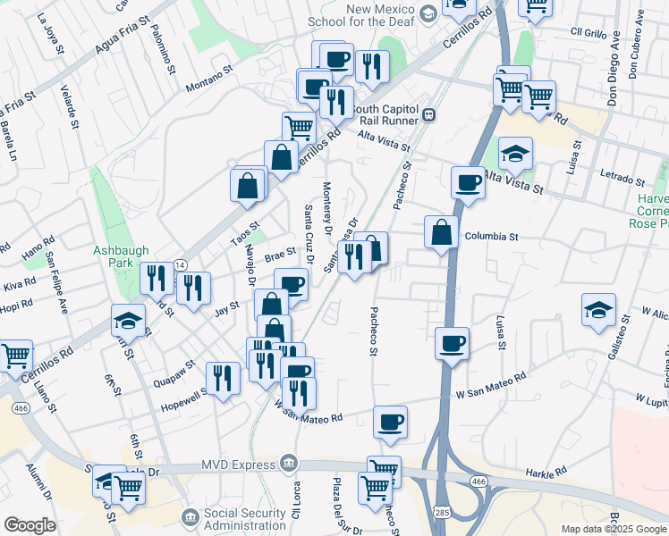 map of restaurants, bars, coffee shops, grocery stores, and more near 1408 Santa Rosa Drive in Santa Fe